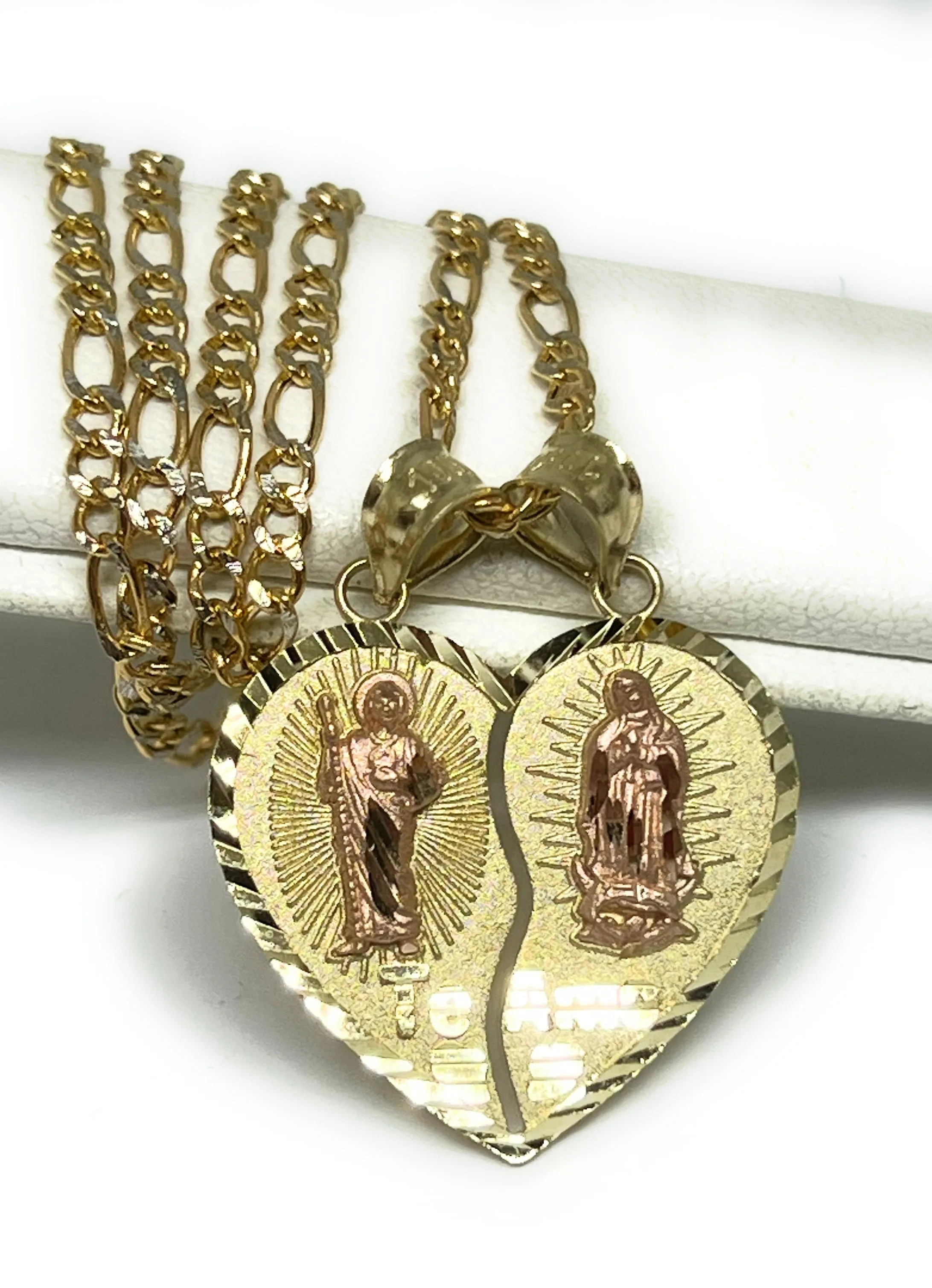 10k Solid Gold Yellow & Rose Gold Double Virrgin Mary & Sann Judas Heart Split Pendant