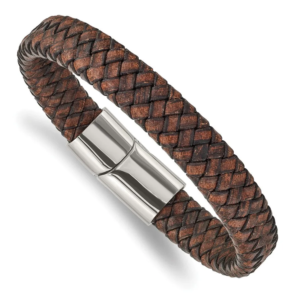 11.5mm Stainless Steel Distressed Brown Leather Bracelet, 8.5 Inch