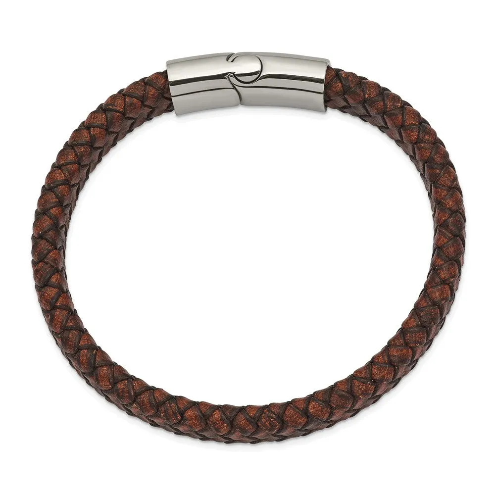 11.5mm Stainless Steel Distressed Brown Leather Bracelet, 8.5 Inch