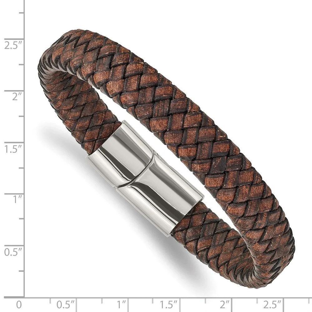 11.5mm Stainless Steel Distressed Brown Leather Bracelet, 8.5 Inch