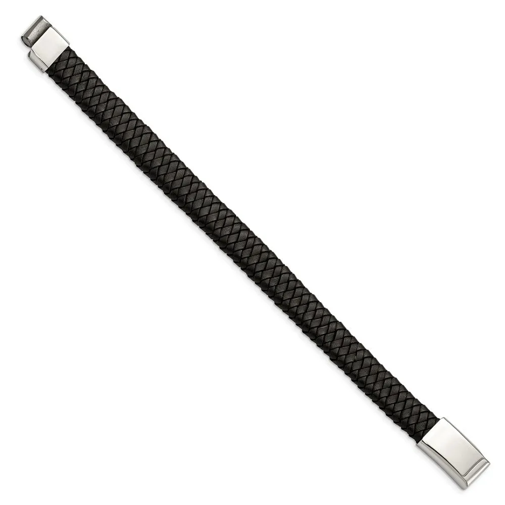 12mm Stainless Steel Black Braided Leather Bracelet, 8.5 Inch