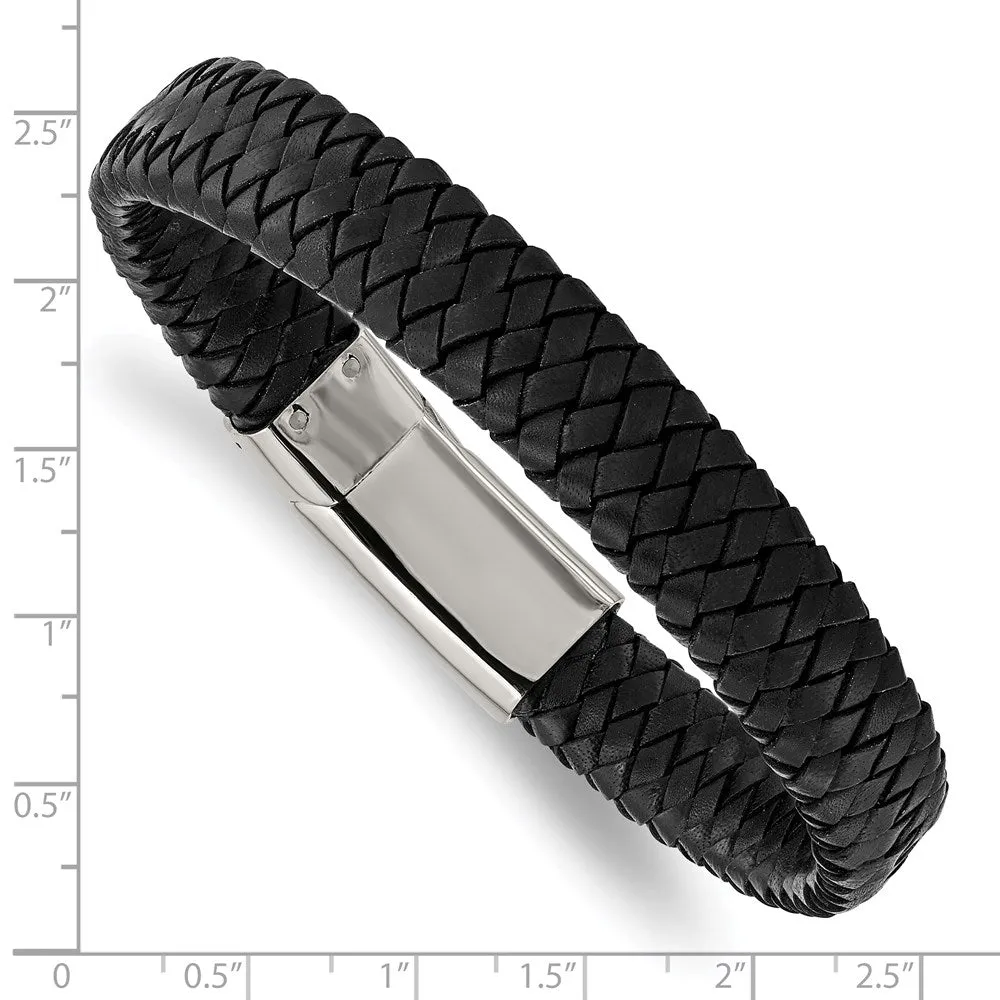 12mm Stainless Steel Black Braided Leather Bracelet, 8.5 Inch