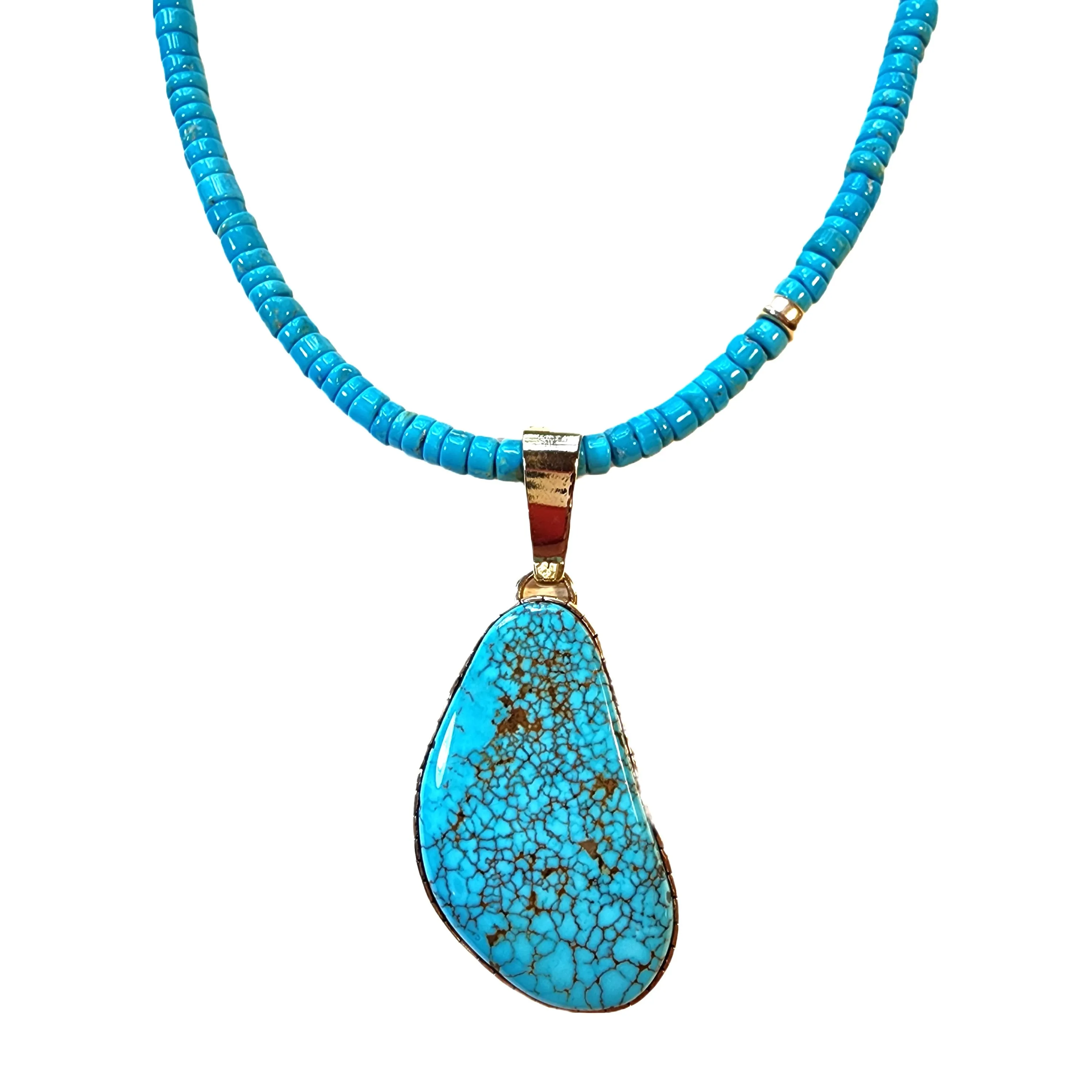 14kt Natural Turquoise Pendant & Beads - 23.25 Long