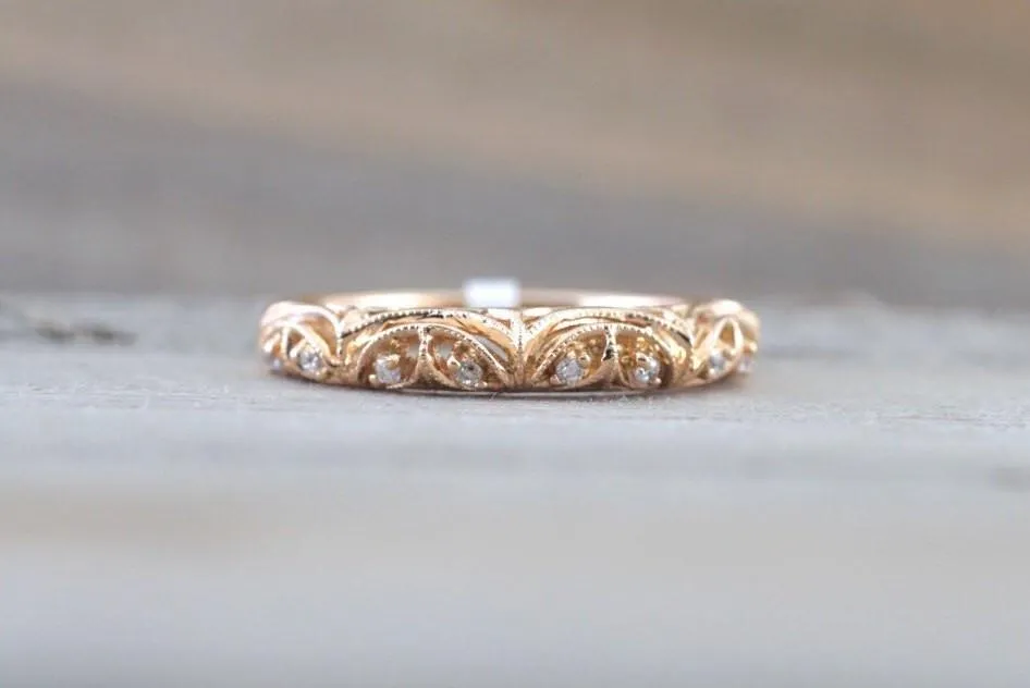 14kt Rose Gold Diamond Milgrain Etching Vintage Wedding Engagement Anniversary Band Ring