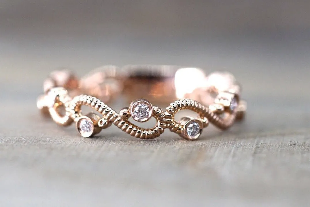 14kt Rose Gold Diamond Vine Large Ring Crown Vintage Design Rope Classic Milgrain Infinity Etching Bezel Eternity