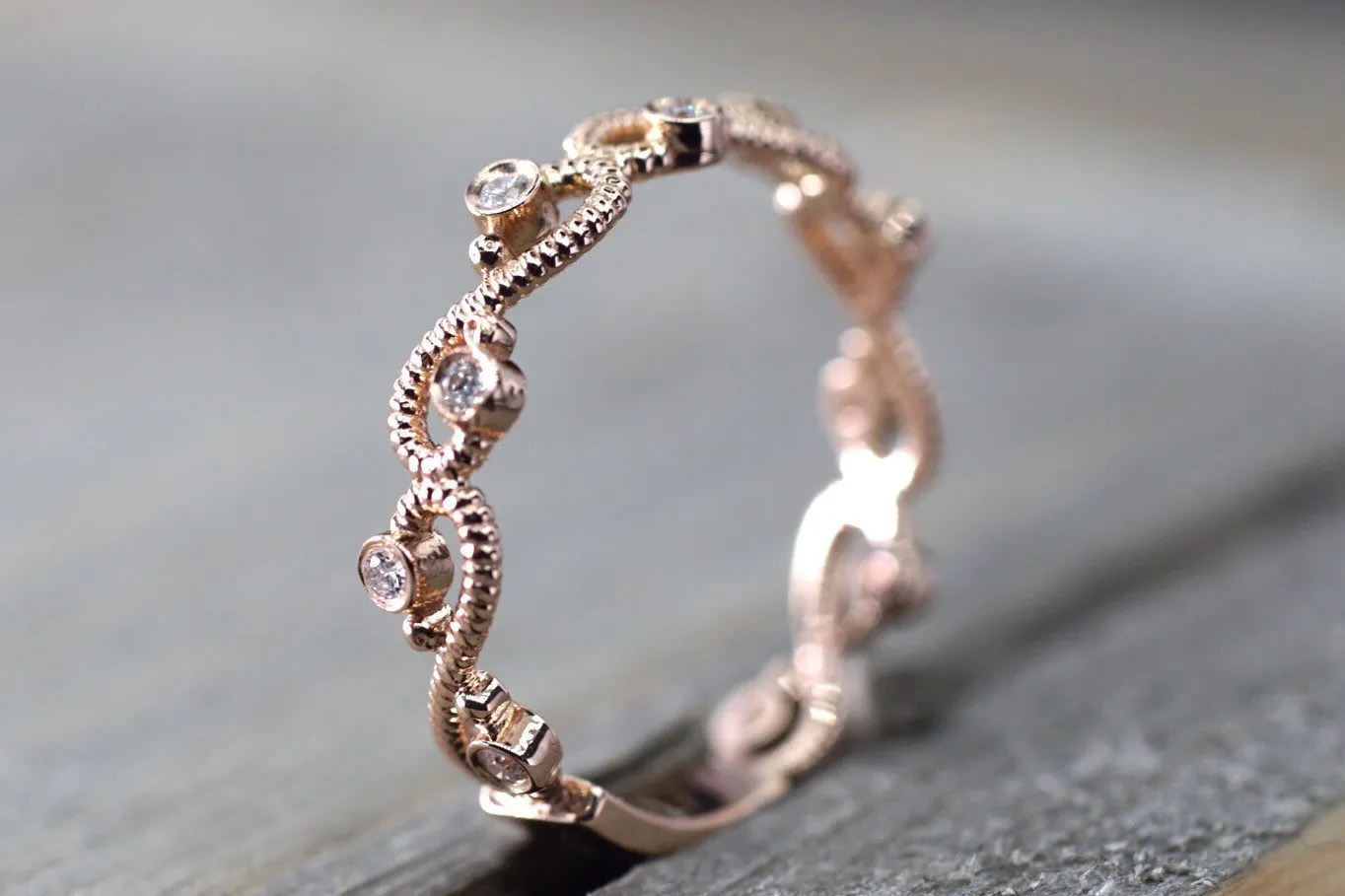 14kt Rose Gold Diamond Vine Large Ring Crown Vintage Design Rope Classic Milgrain Infinity Etching Bezel Eternity