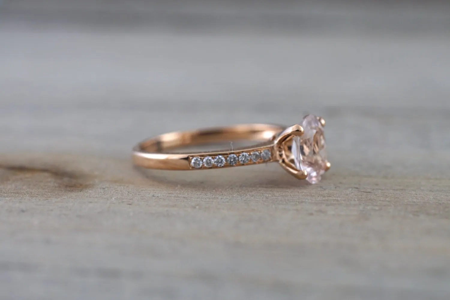 18k Rose Gold Diamond Oval Morganite Engagement Wedding Anniversary Love Ring Band Dainty Vintage Art Deco Simple