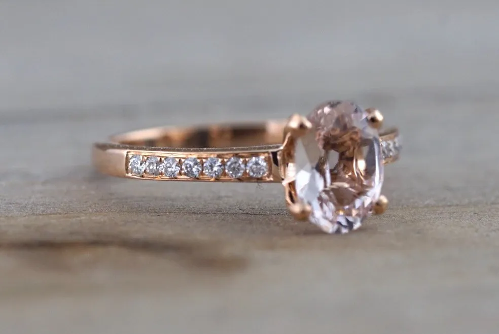 18k Rose Gold Diamond Oval Morganite Engagement Wedding Anniversary Love Ring Band Dainty Vintage Art Deco Simple