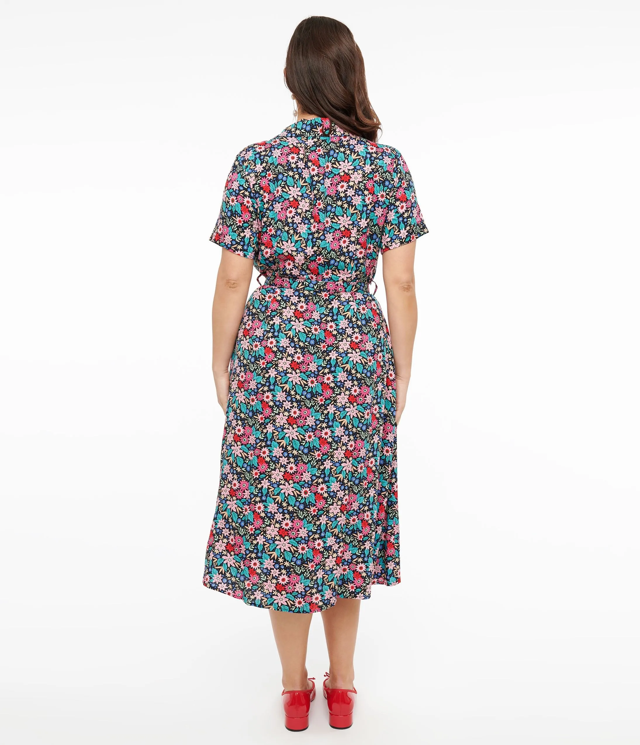 1930s Black & Multicolor Floral Print Tea Party Midi Dress