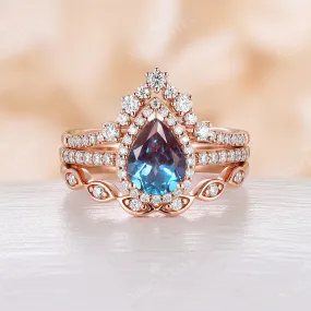 3PCS Lab Alexandrite Vintage Pear Halo & Pave Bridal Set Rose Gold