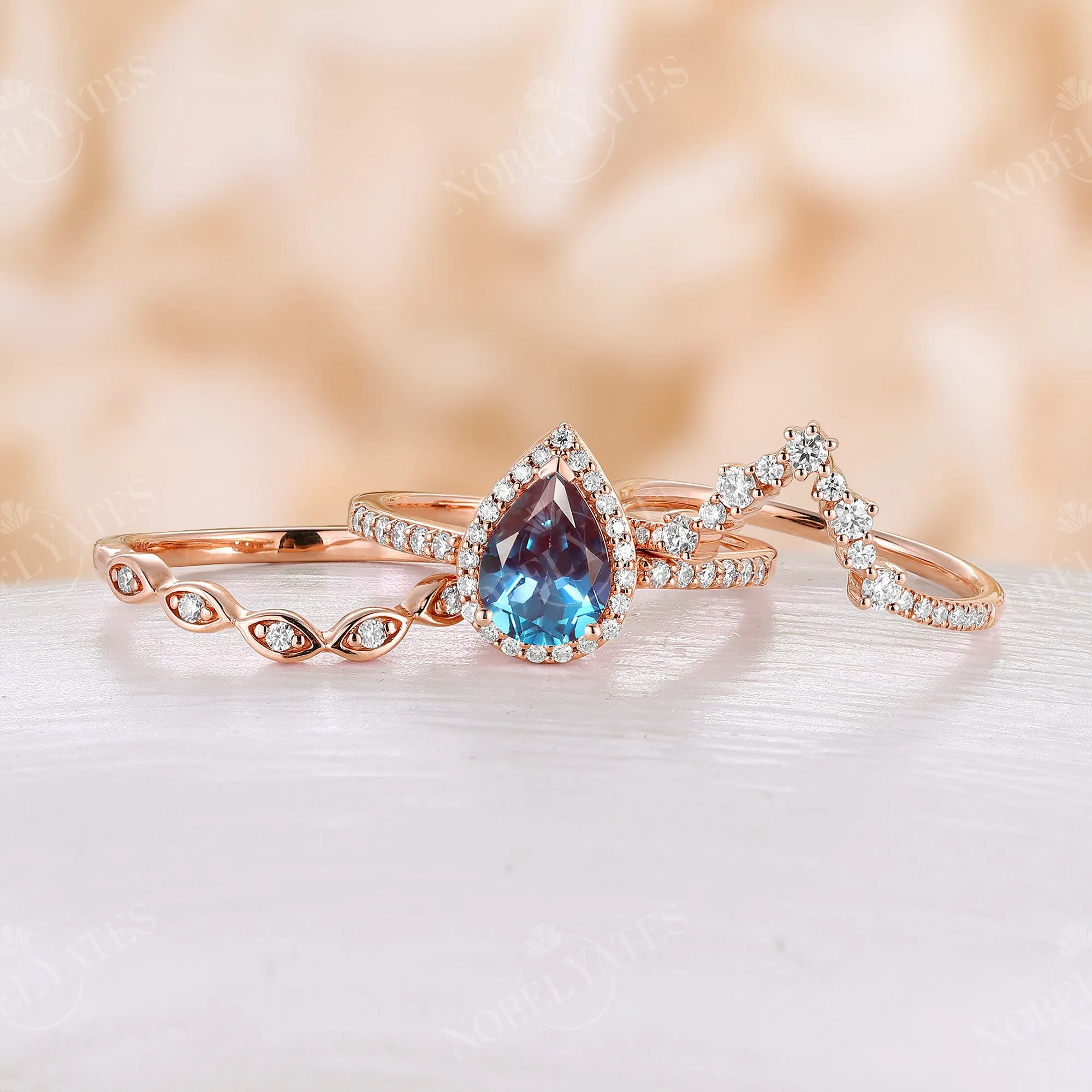 3PCS Lab Alexandrite Vintage Pear Halo & Pave Bridal Set Rose Gold