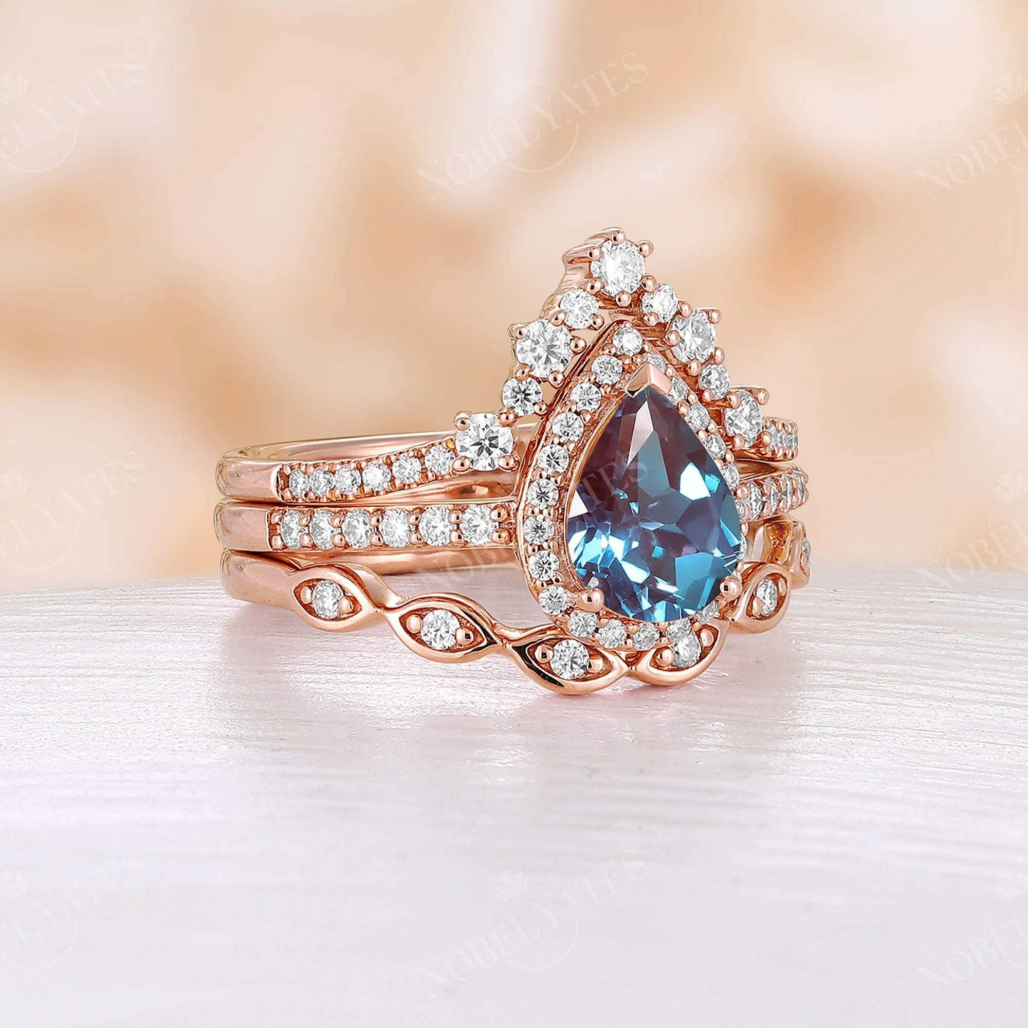 3PCS Lab Alexandrite Vintage Pear Halo & Pave Bridal Set Rose Gold