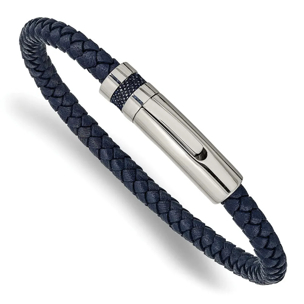 5mm Stainless Steel & Blue Leather Braided Bracelet, 8.25 Inch