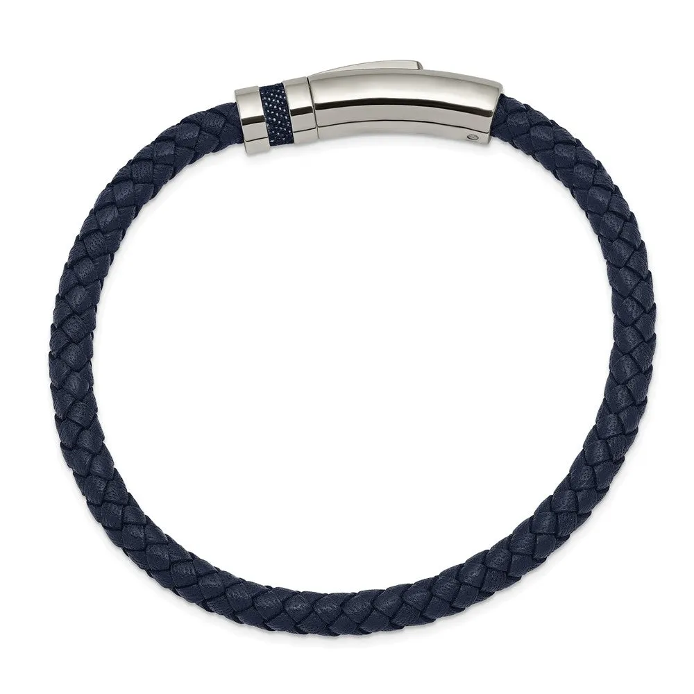 5mm Stainless Steel & Blue Leather Braided Bracelet, 8.25 Inch