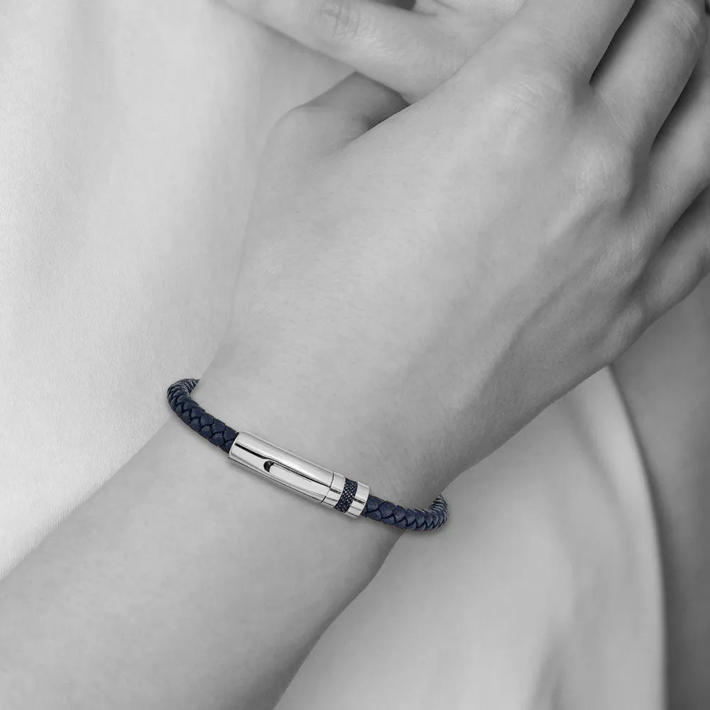 5mm Stainless Steel & Blue Leather Braided Bracelet, 8.25 Inch