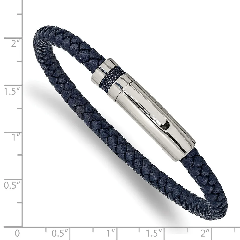 5mm Stainless Steel & Blue Leather Braided Bracelet, 8.25 Inch