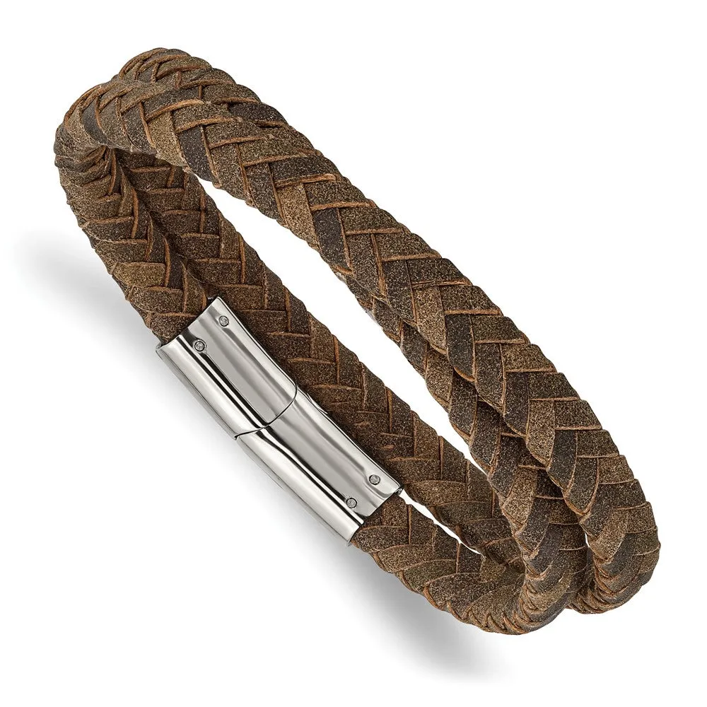 7mm Stainless Steel & Brown Leather Wrap Bracelet, 14.75 Inch