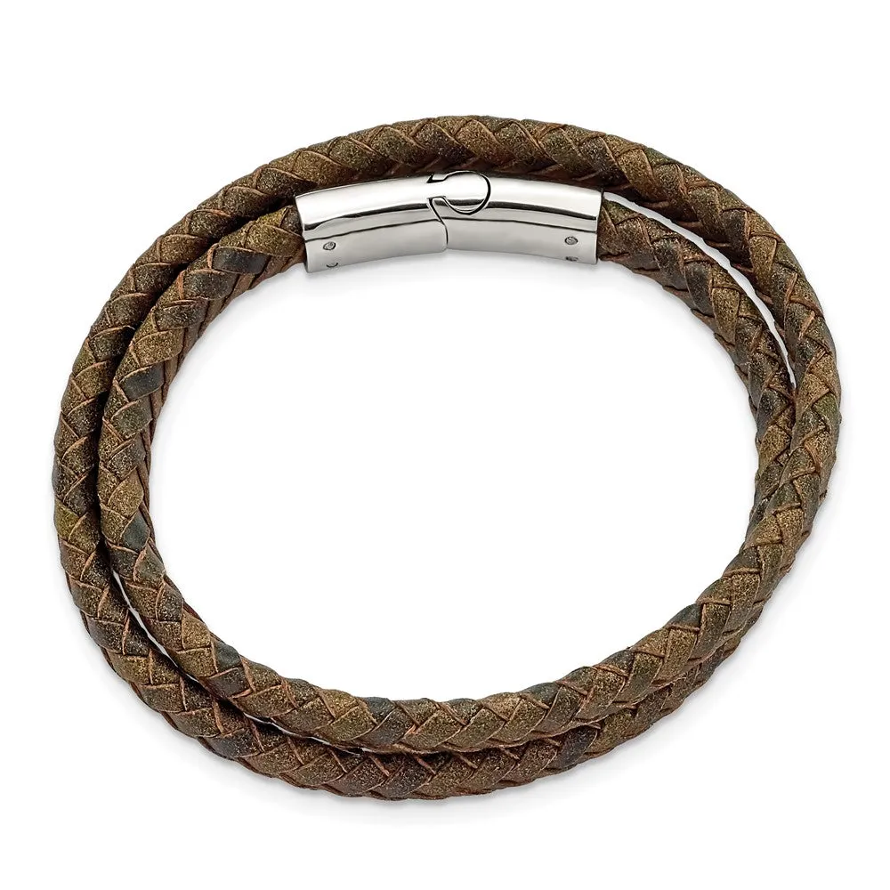 7mm Stainless Steel & Brown Leather Wrap Bracelet, 14.75 Inch