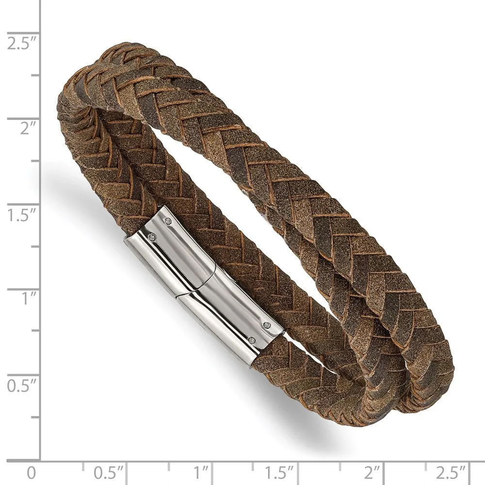 7mm Stainless Steel & Brown Leather Wrap Bracelet, 14.75 Inch