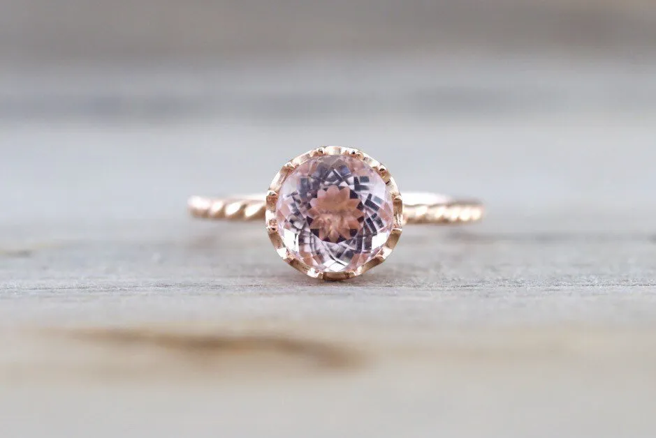 8mm Melrose Gold Round Morganite Ring Crown Vintage Design