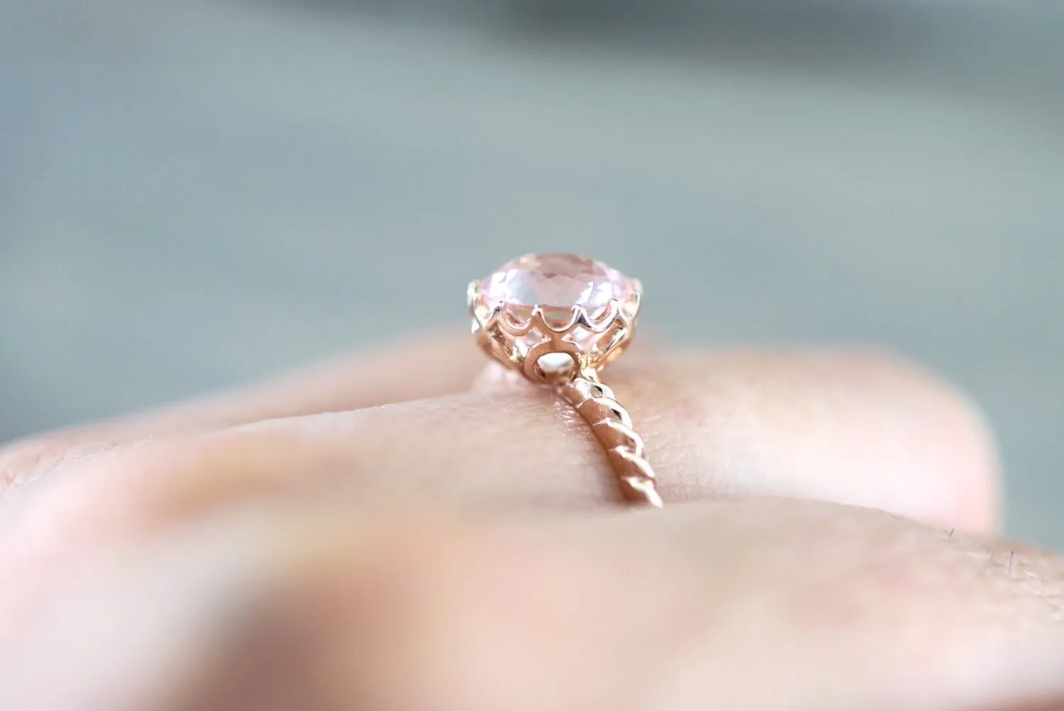 8mm Melrose Gold Round Morganite Ring Crown Vintage Design