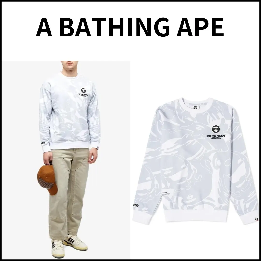 A BATHING APE  |Crew Neck Unisex Street Style Long Sleeves Cotton Oversized