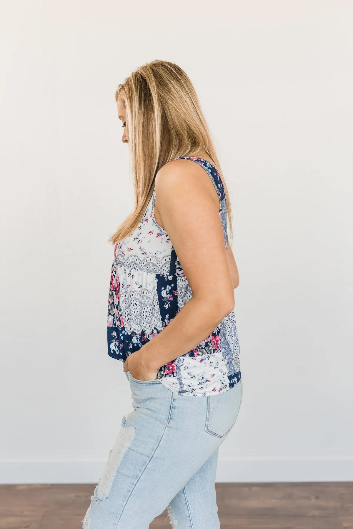 A Moment To Treasure Floral Tank Top- Navy & Ivory