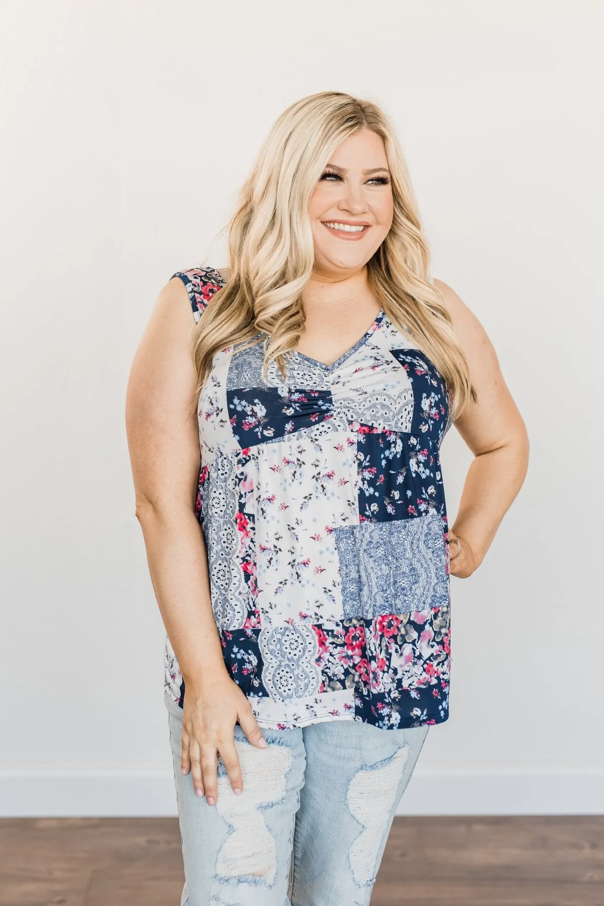 A Moment To Treasure Floral Tank Top- Navy & Ivory