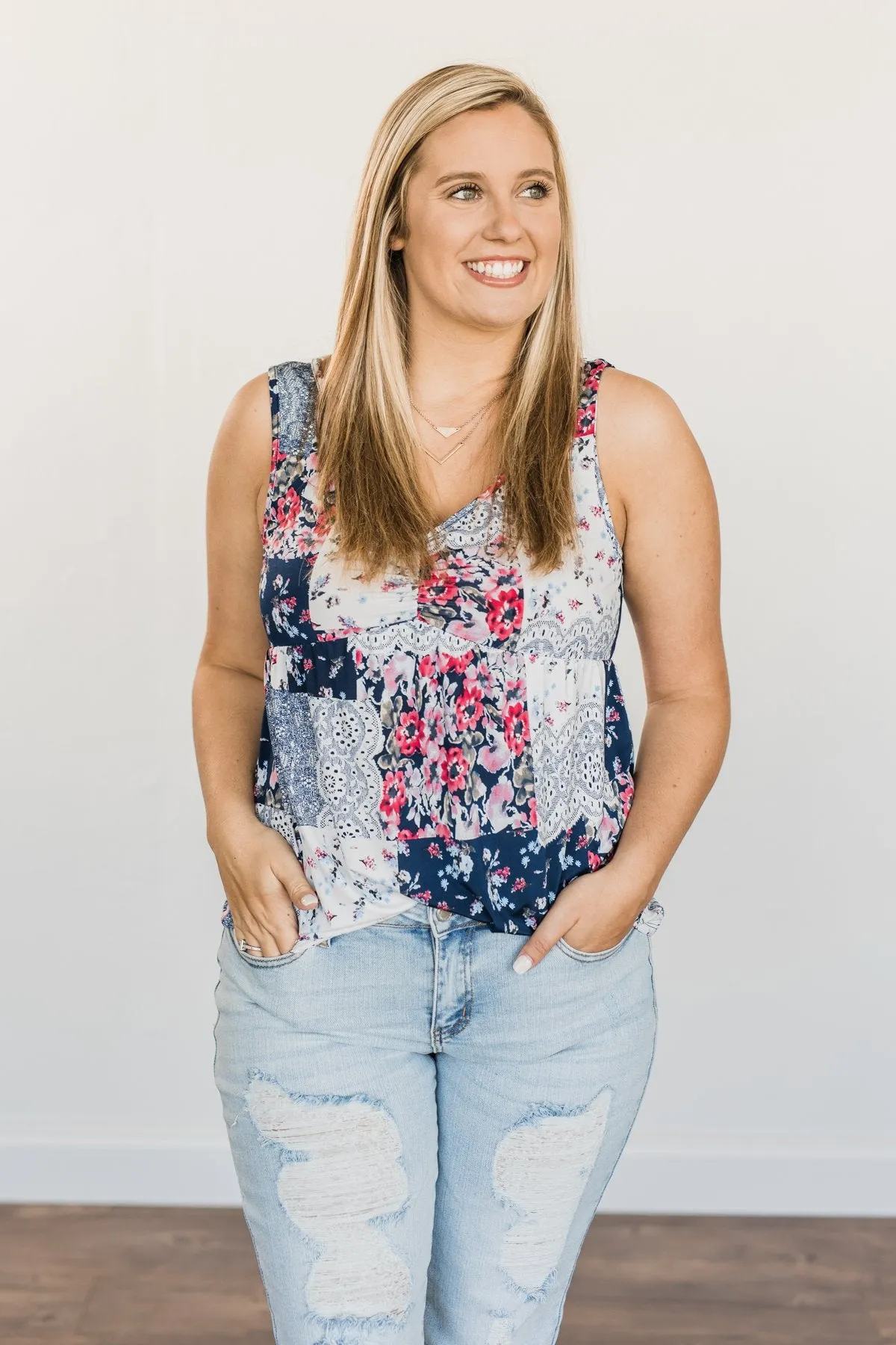 A Moment To Treasure Floral Tank Top- Navy & Ivory