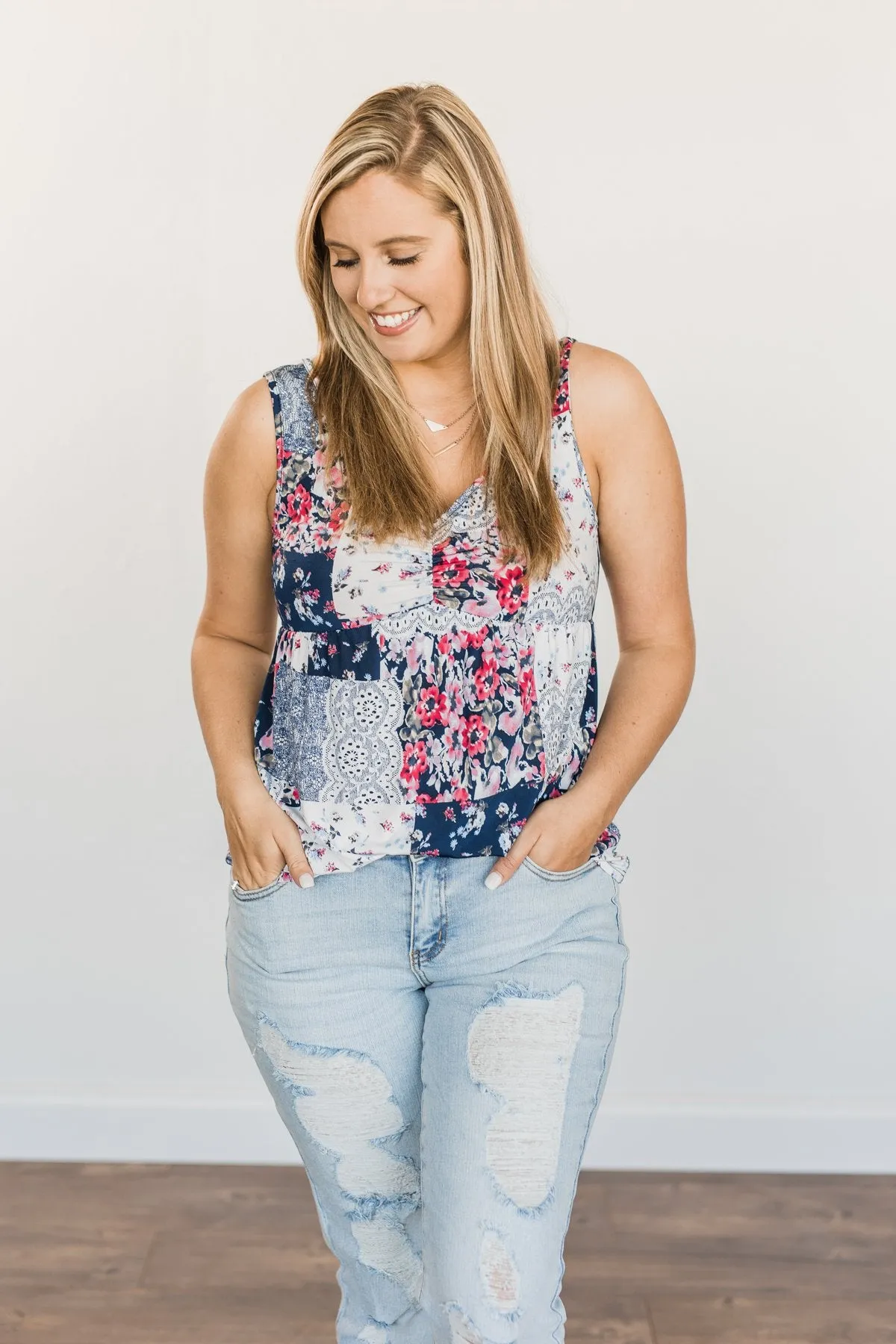 A Moment To Treasure Floral Tank Top- Navy & Ivory