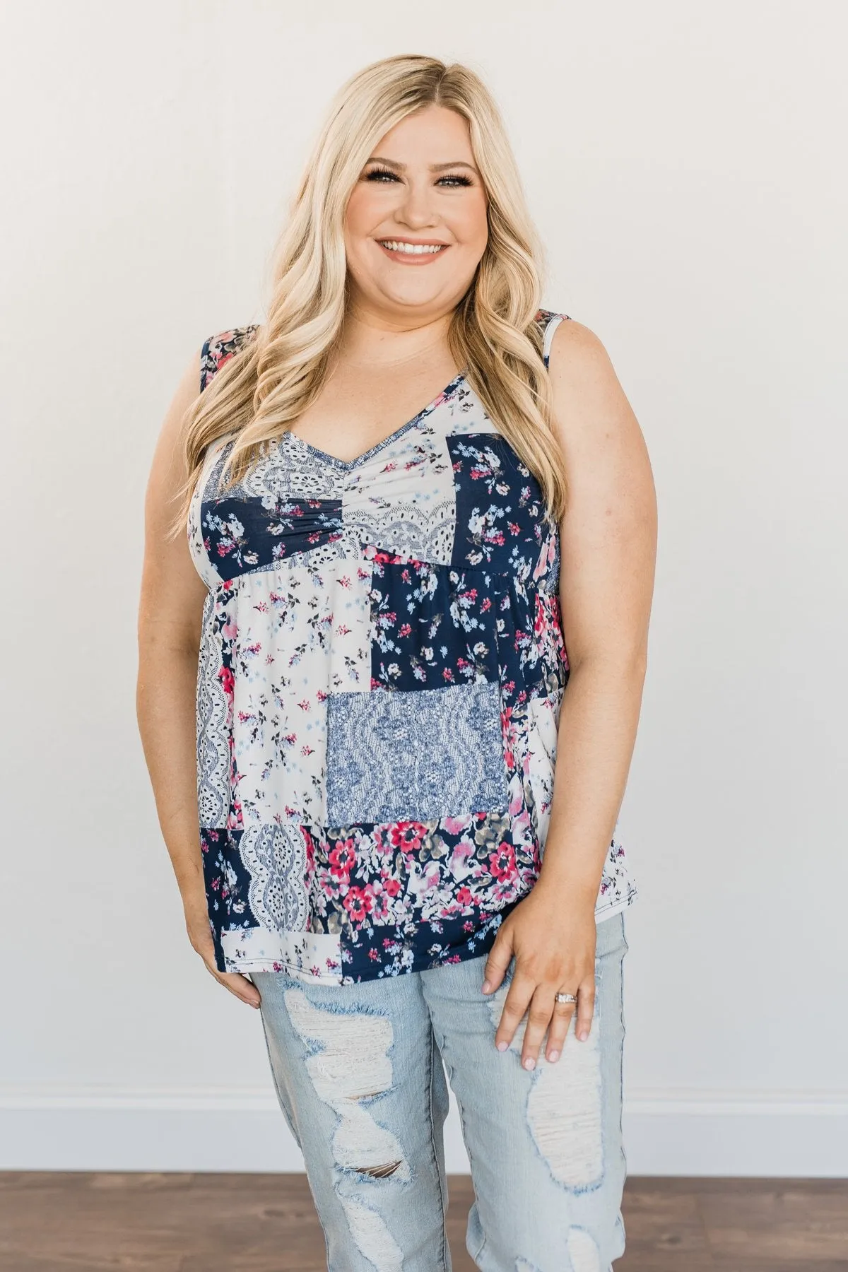 A Moment To Treasure Floral Tank Top- Navy & Ivory