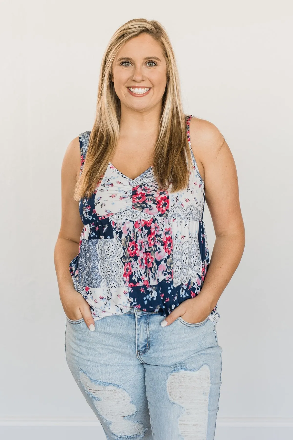 A Moment To Treasure Floral Tank Top- Navy & Ivory