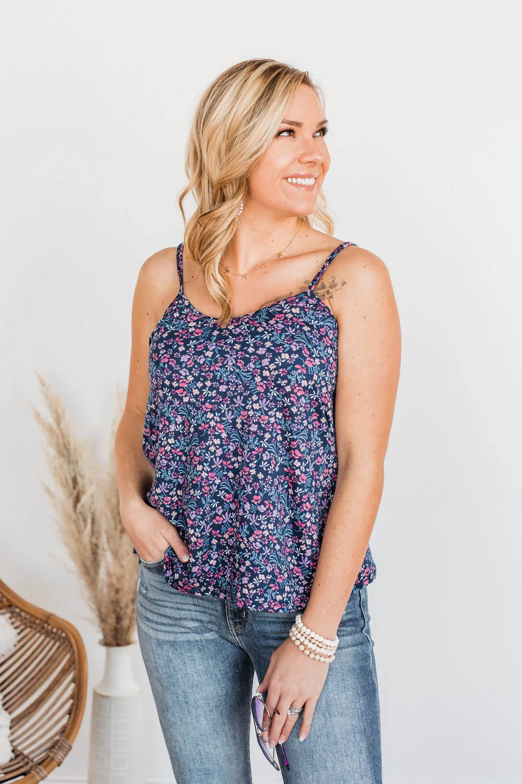 A Touch Of Beauty Floral Tank- Navy