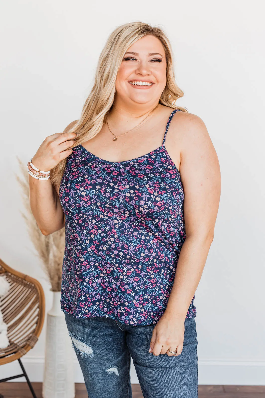 A Touch Of Beauty Floral Tank- Navy