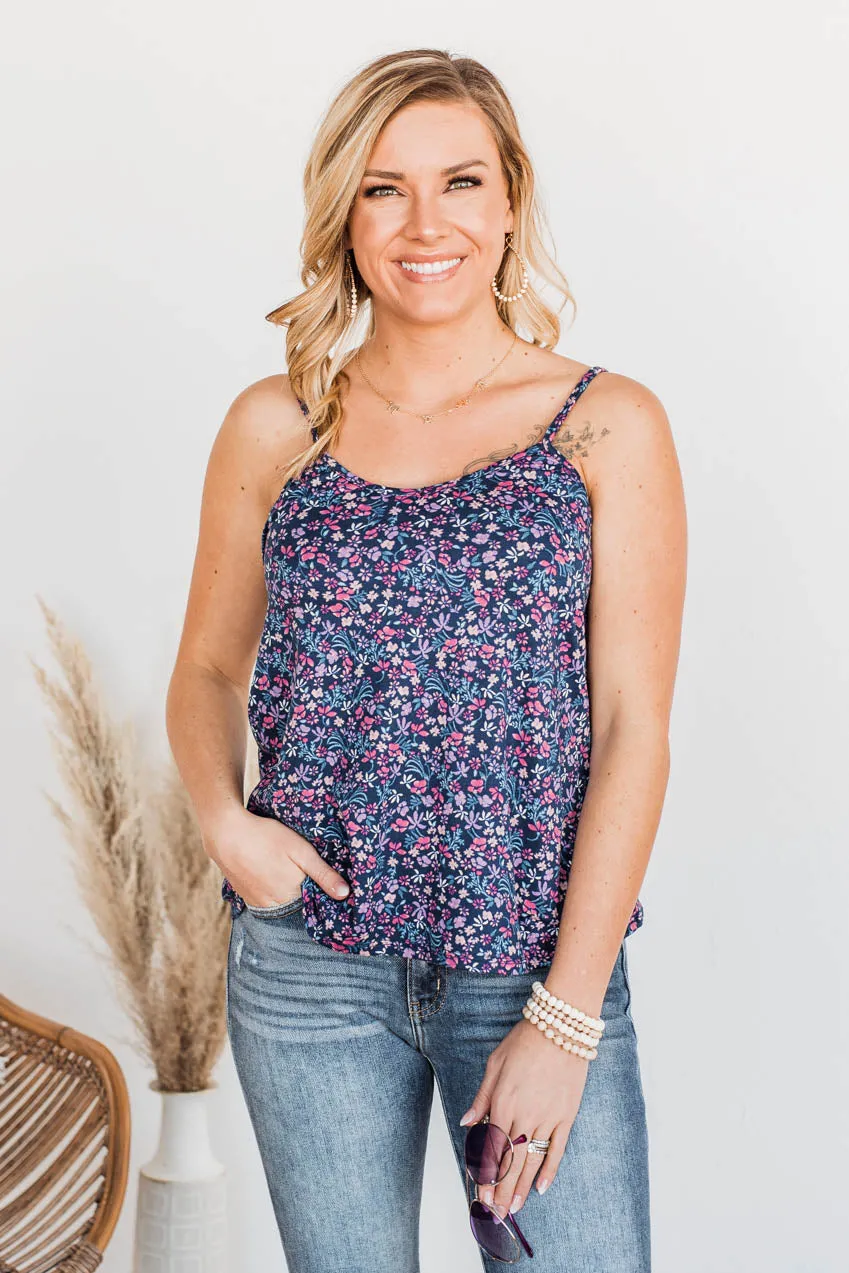 A Touch Of Beauty Floral Tank- Navy