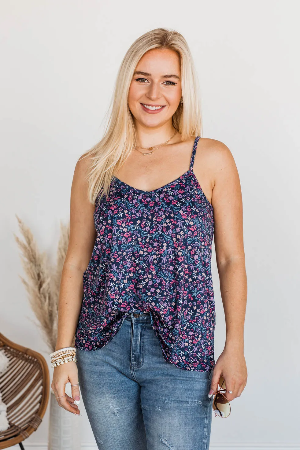 A Touch Of Beauty Floral Tank- Navy