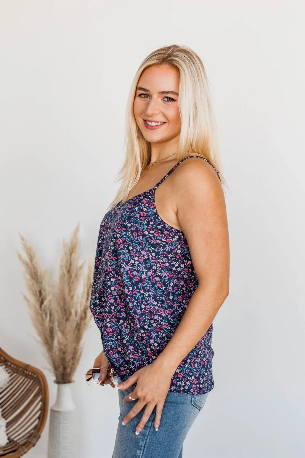 A Touch Of Beauty Floral Tank- Navy