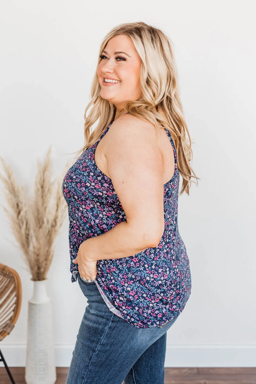 A Touch Of Beauty Floral Tank- Navy