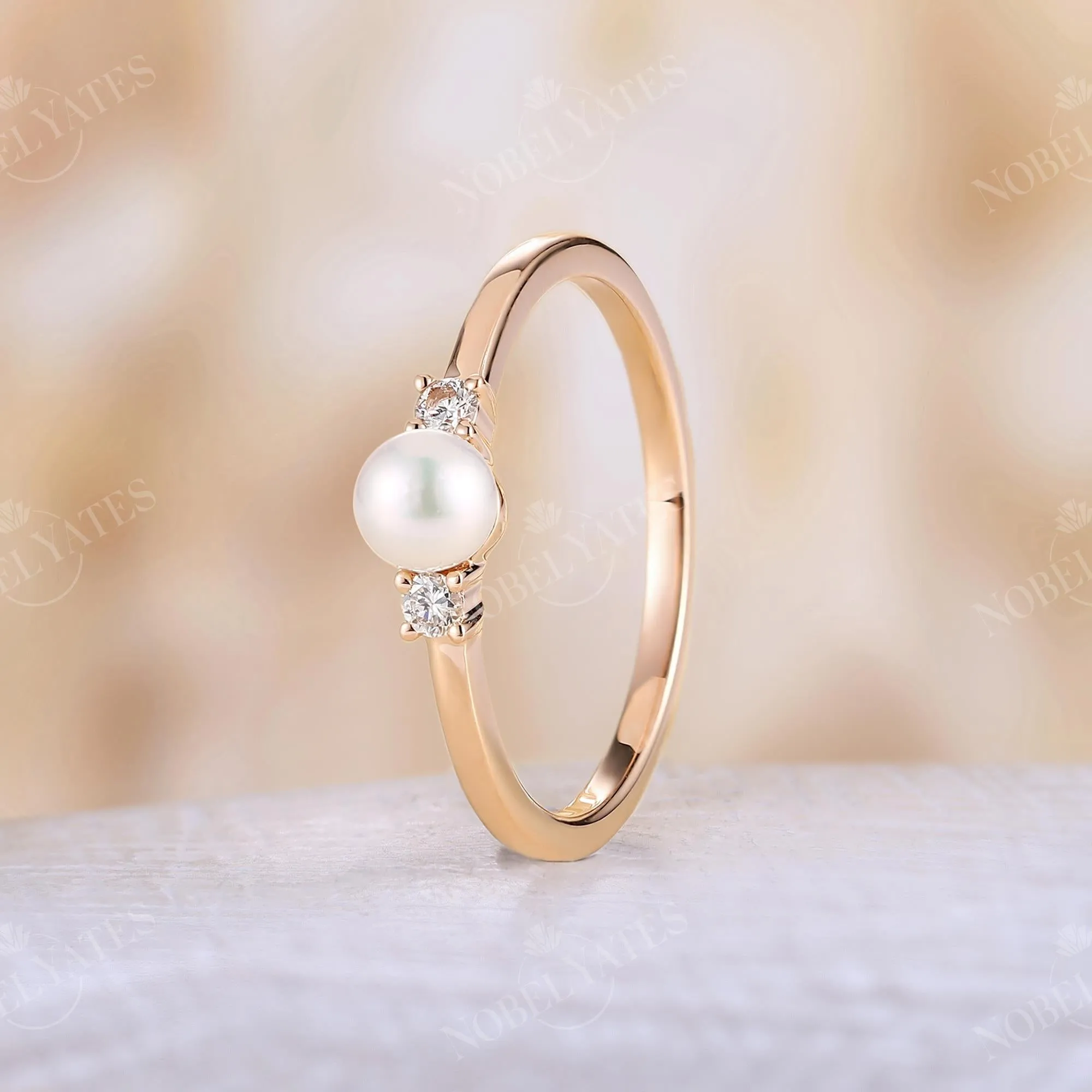 Akoya Pearl Vintage Yellow Gold Three Stone Engagement Ring