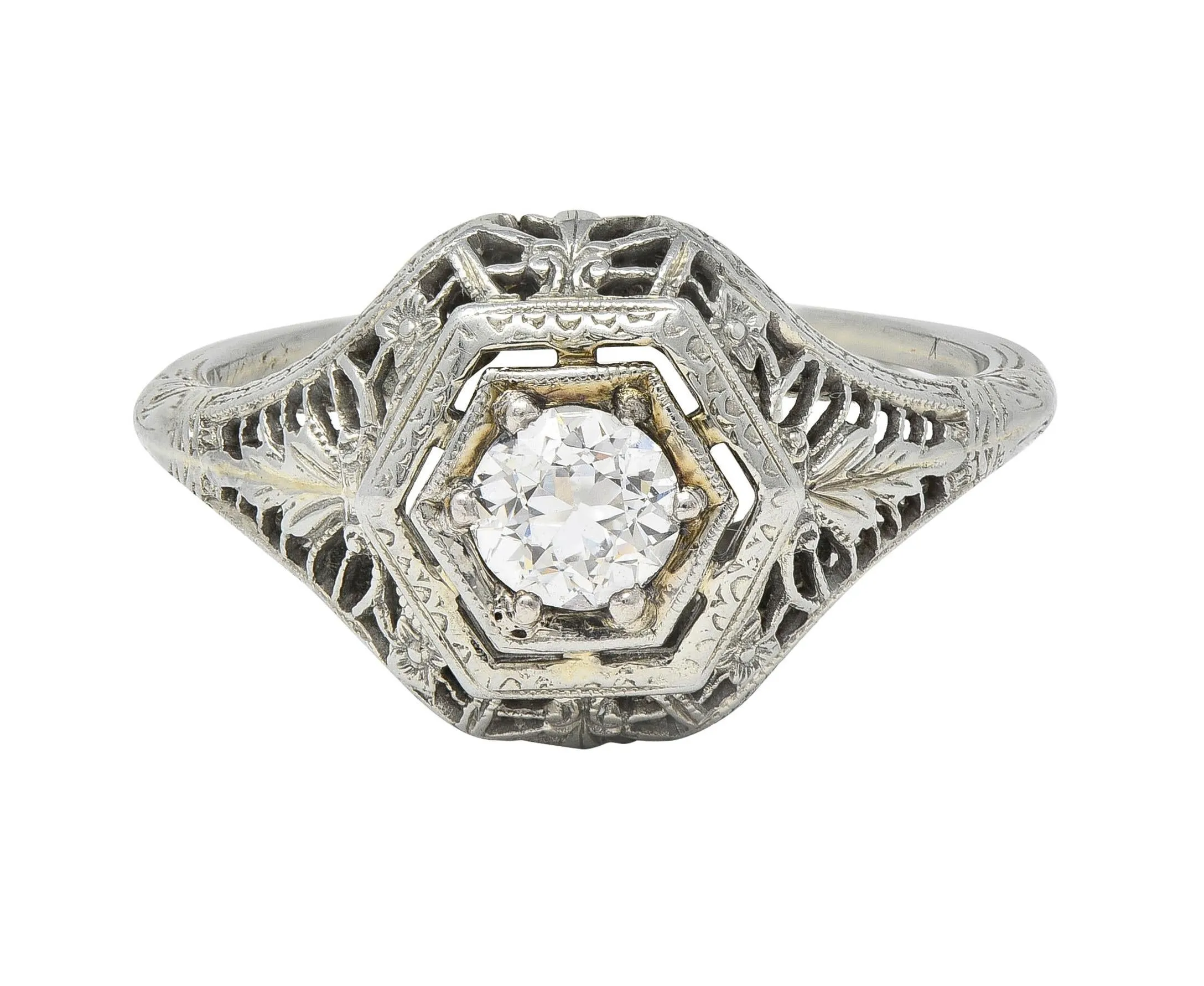 Art Deco 0.35 CTW Old European Cut Diamond Platinum Floral Vintage Engagement Ring