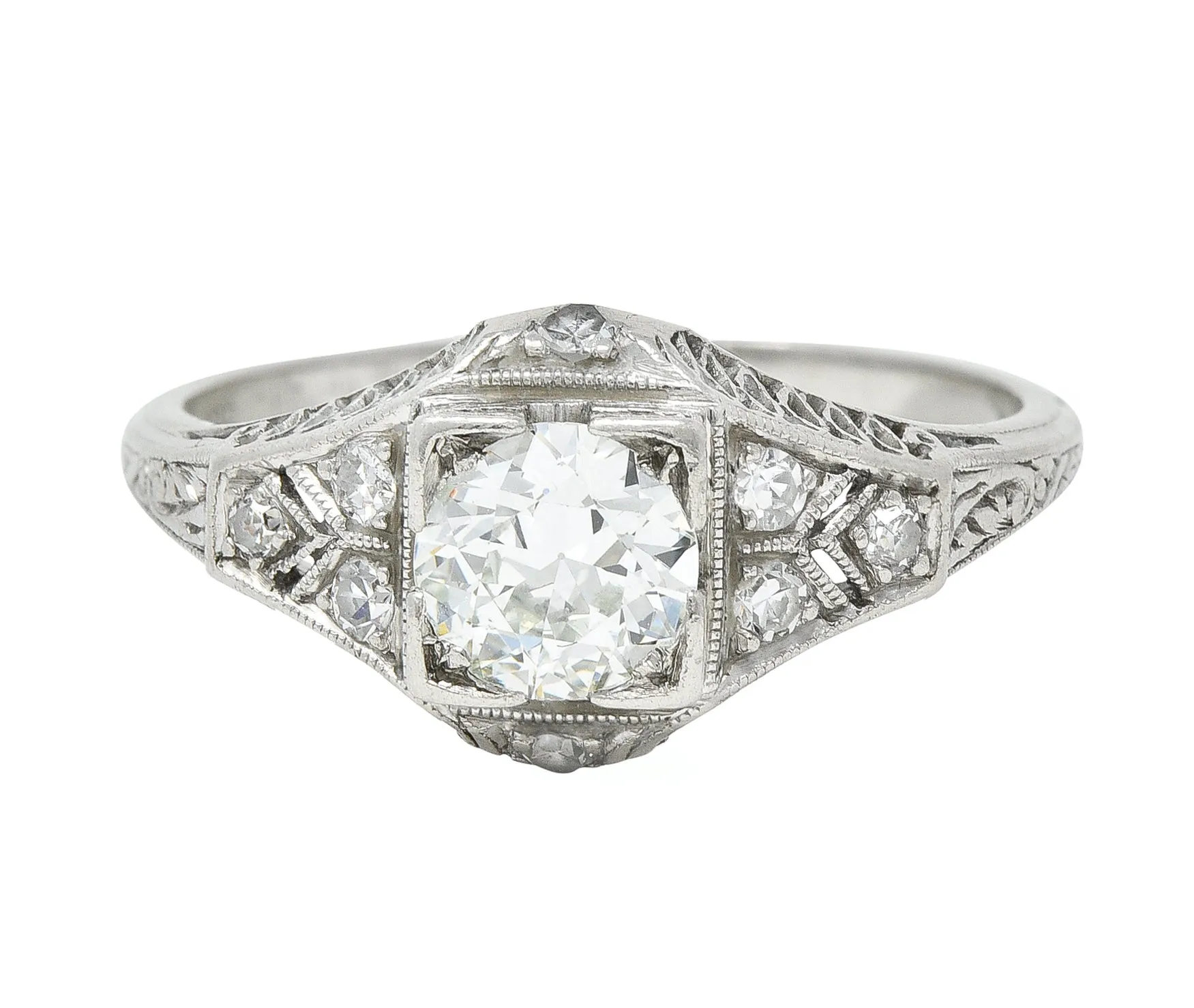 Art Deco 0.66 CTW Old European Cut Diamond Platinum Square Form Lattice Vintage Engagement Ring