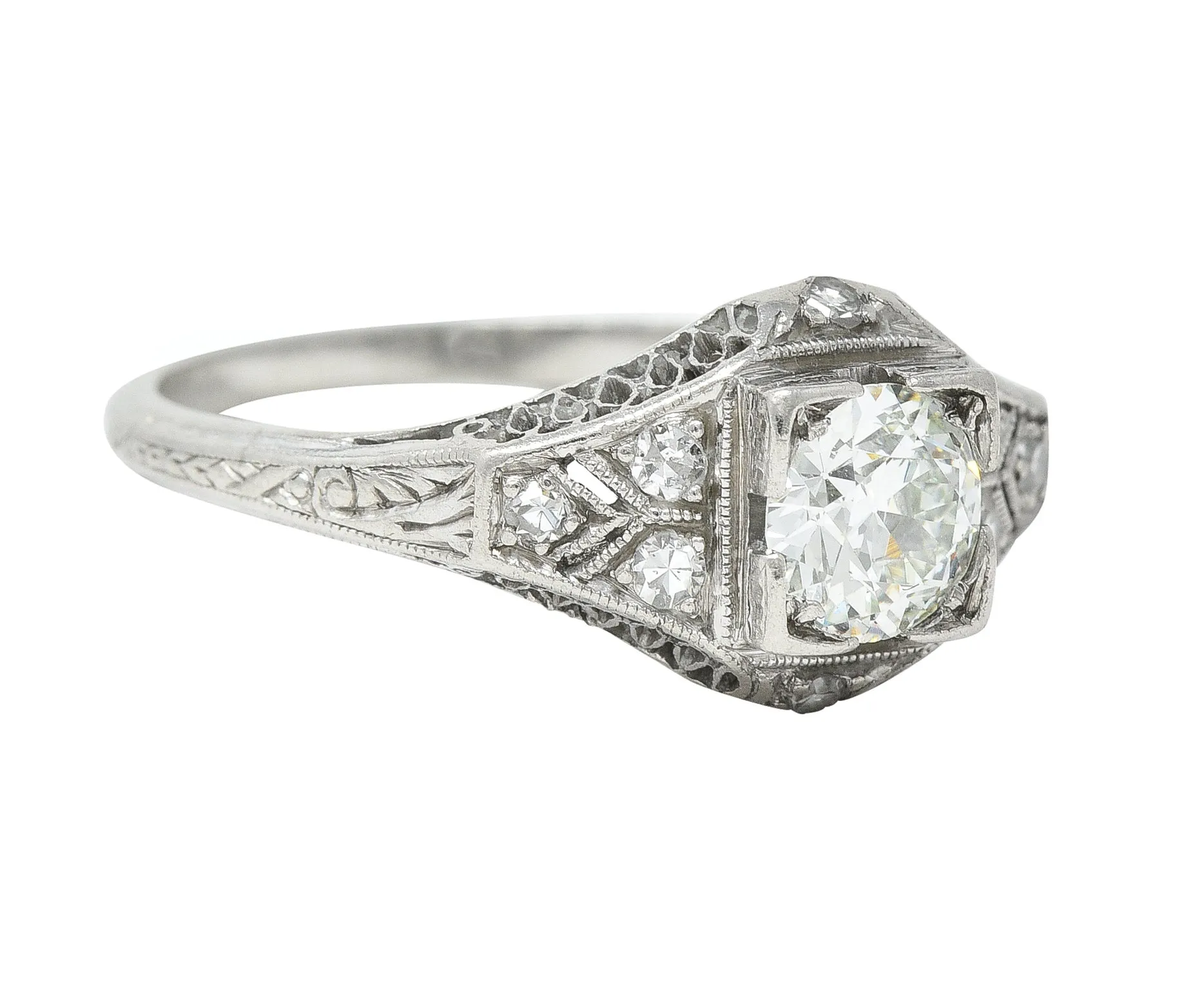 Art Deco 0.66 CTW Old European Cut Diamond Platinum Square Form Lattice Vintage Engagement Ring