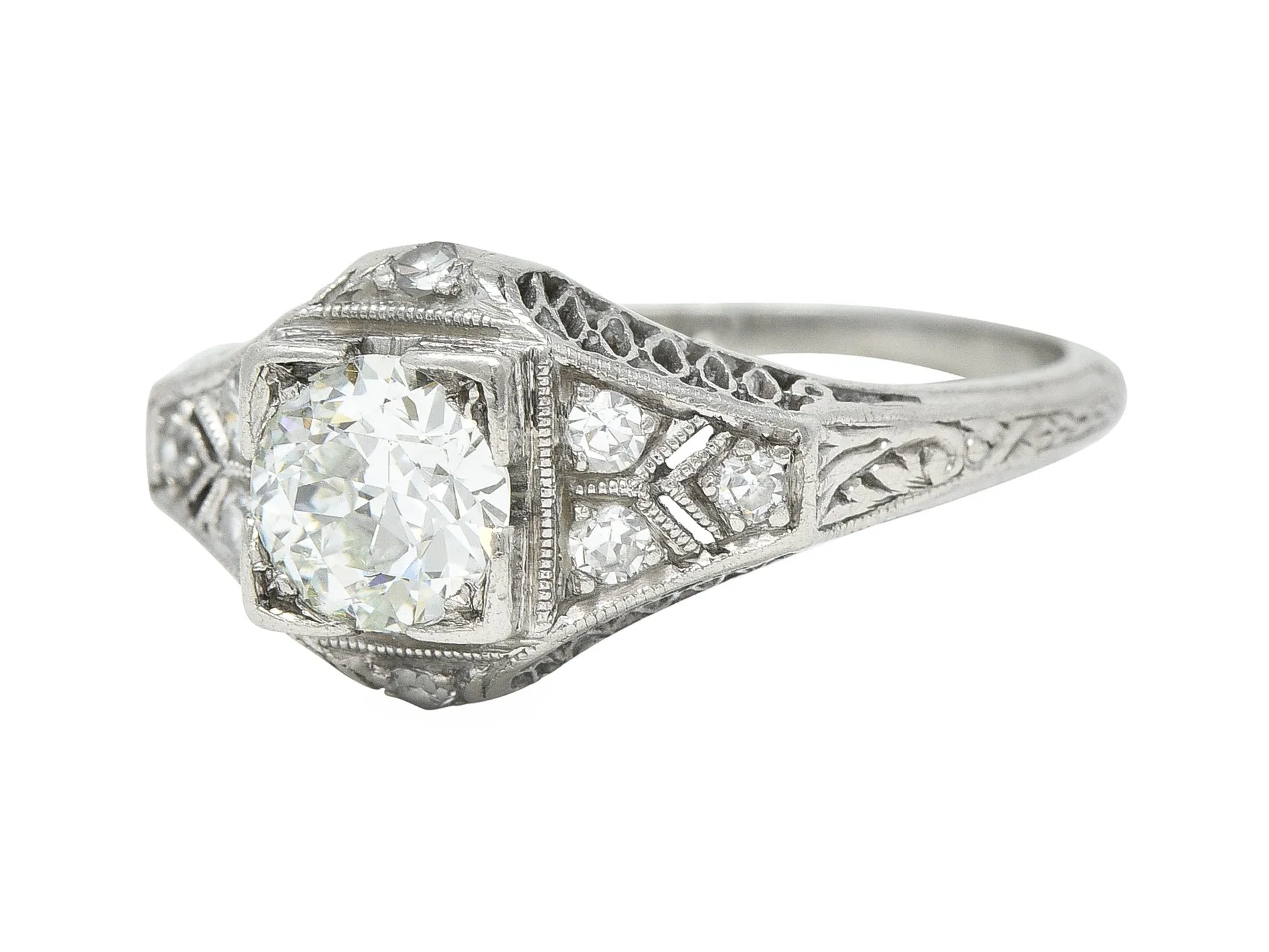 Art Deco 0.66 CTW Old European Cut Diamond Platinum Square Form Lattice Vintage Engagement Ring