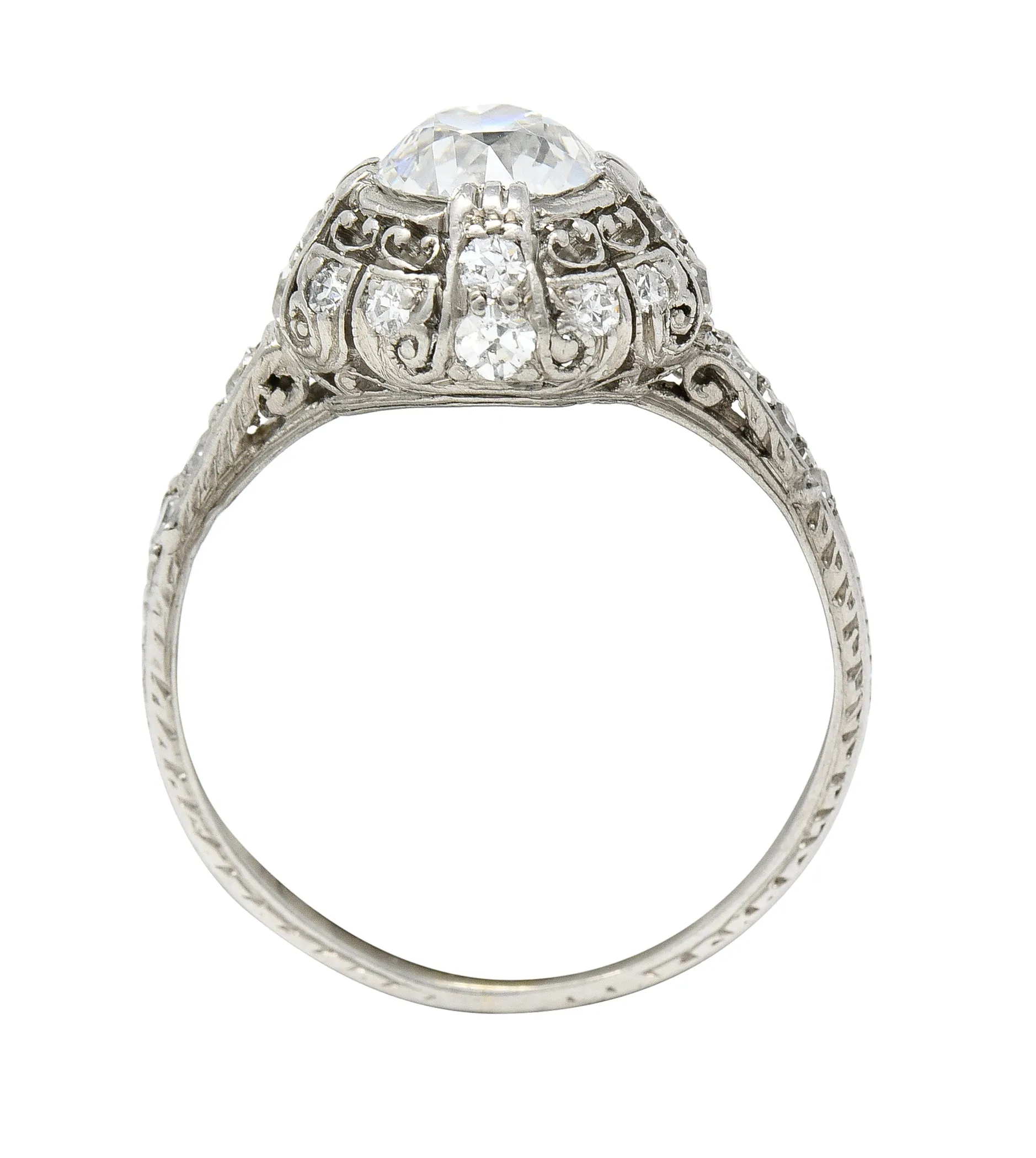 Art Deco 1.27 CTW Old Mine Cut Diamond Platinum Domed Whiplash Vintage Engagement Ring