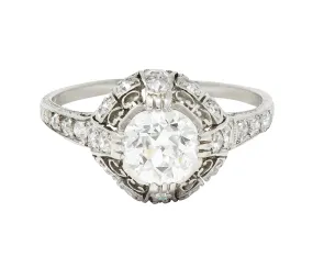 Art Deco 1.27 CTW Old Mine Cut Diamond Platinum Domed Whiplash Vintage Engagement Ring