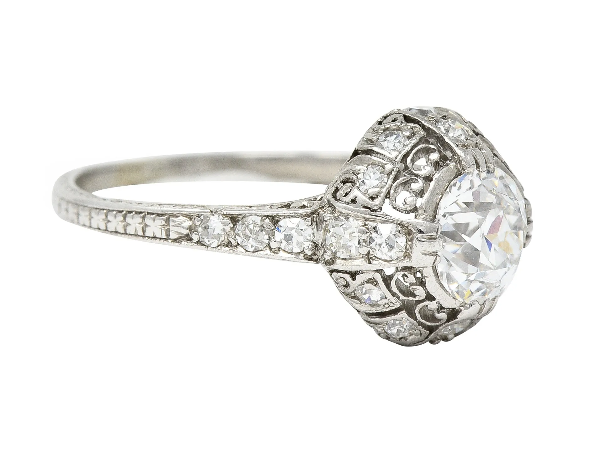 Art Deco 1.27 CTW Old Mine Cut Diamond Platinum Domed Whiplash Vintage Engagement Ring