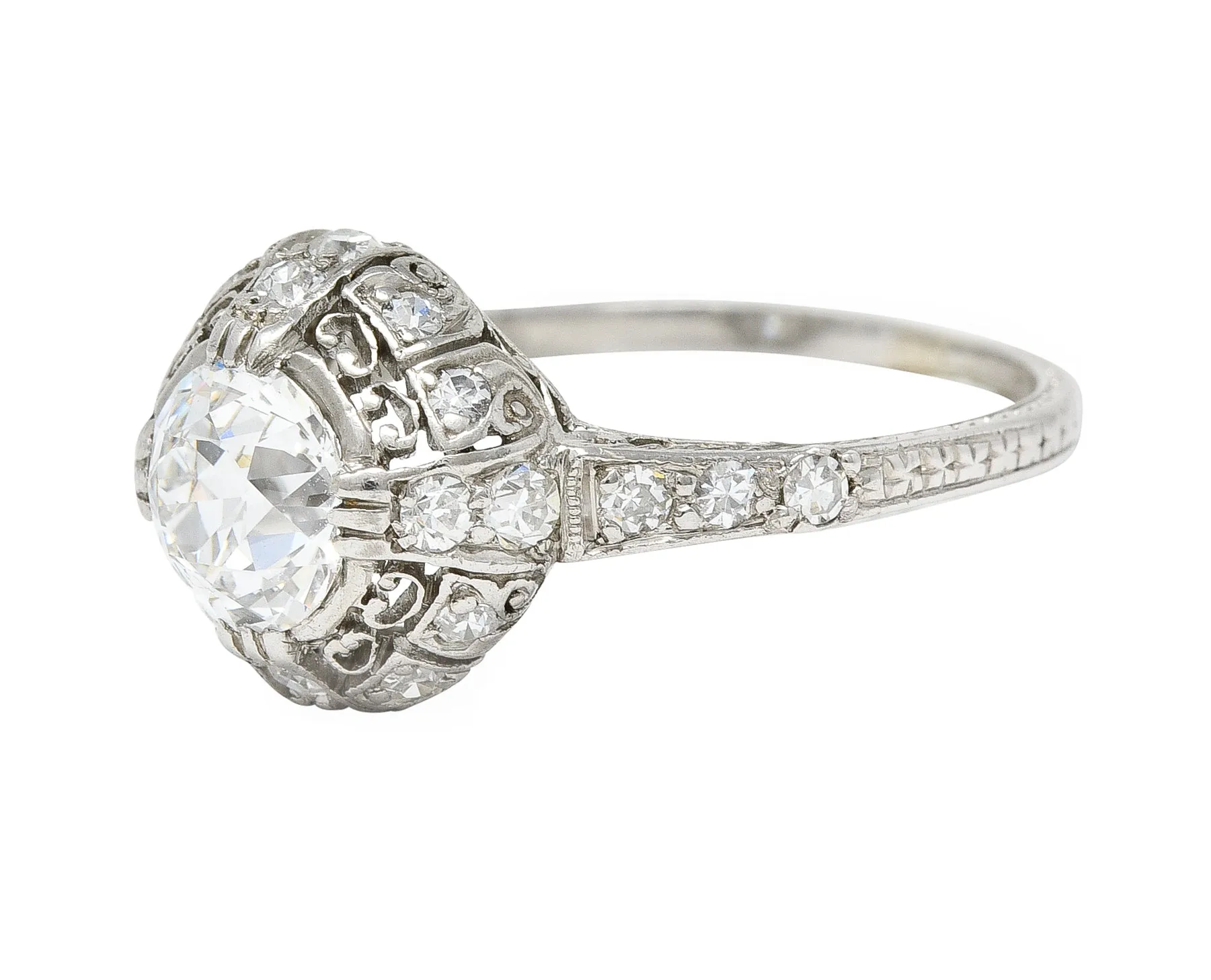 Art Deco 1.27 CTW Old Mine Cut Diamond Platinum Domed Whiplash Vintage Engagement Ring