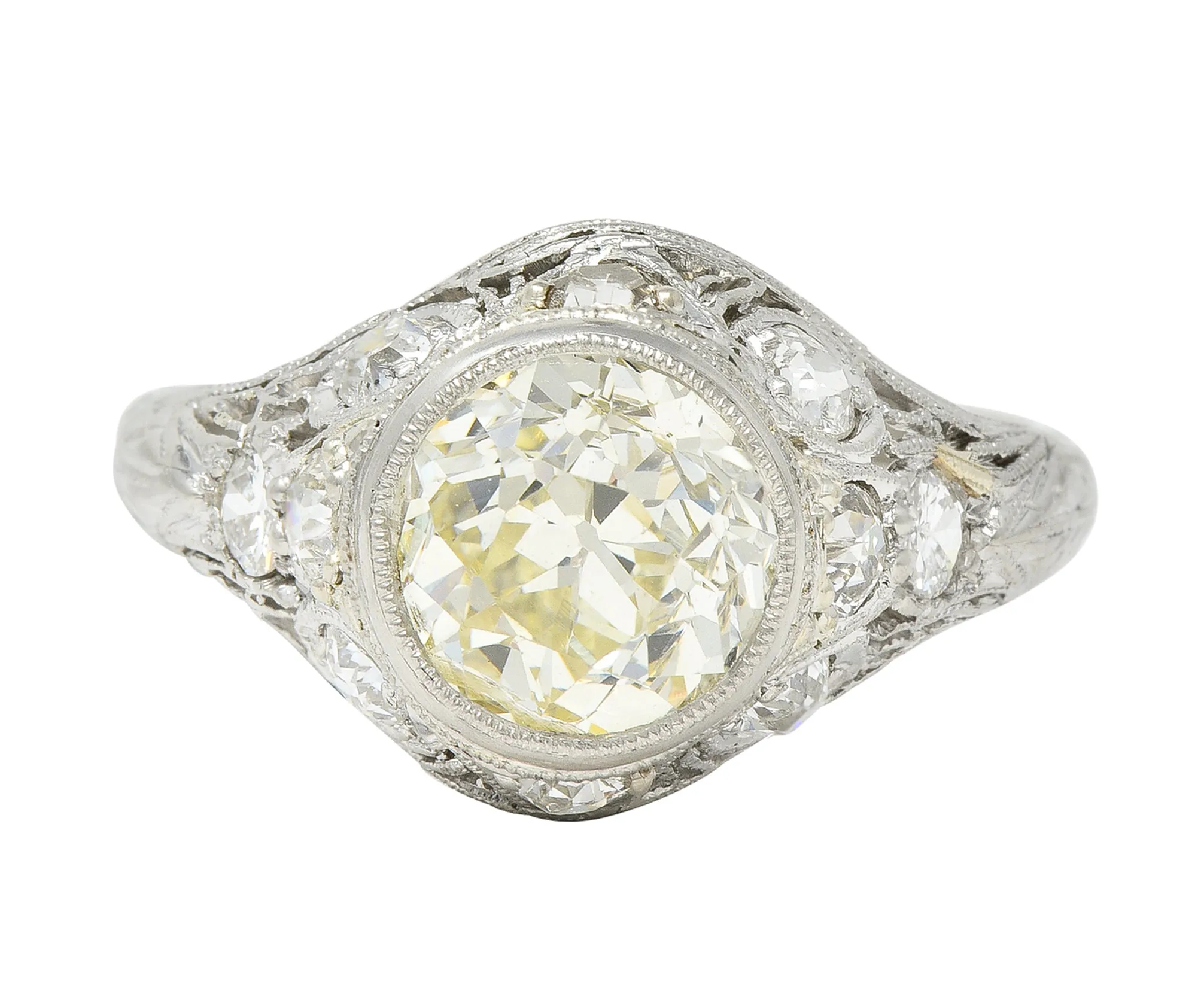 Art Deco 2.49 CTW Old European Cut Diamond Platinum Geometric Bezel Vintage Engagement Ring