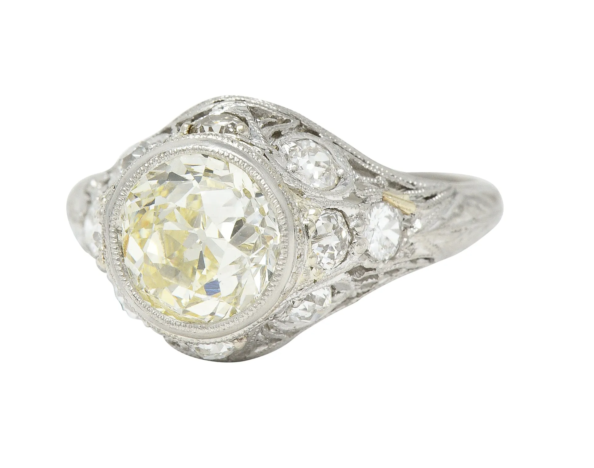 Art Deco 2.49 CTW Old European Cut Diamond Platinum Geometric Bezel Vintage Engagement Ring