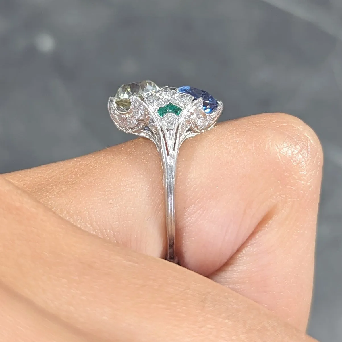 Art Deco 3.87 CTW Old European Cut Diamond Sapphire Emerald Platinum Toi-Et-Moi Vintage Alternative Dinner Ring GIA